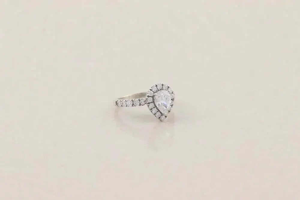 Sterling Silver Sparkly Pear Cut Halo Cubic Zirconia Ring 6 1/4 Engagment Ring
